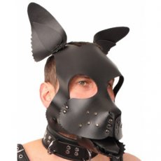 LEATHER PUPPY MASK BLACK + BLACK TONGUE AND EARS SET